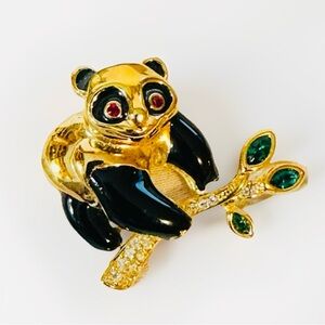 Panda Brooch Gold Tone & Black w Green White & Red Rhinestone Accents by Roman